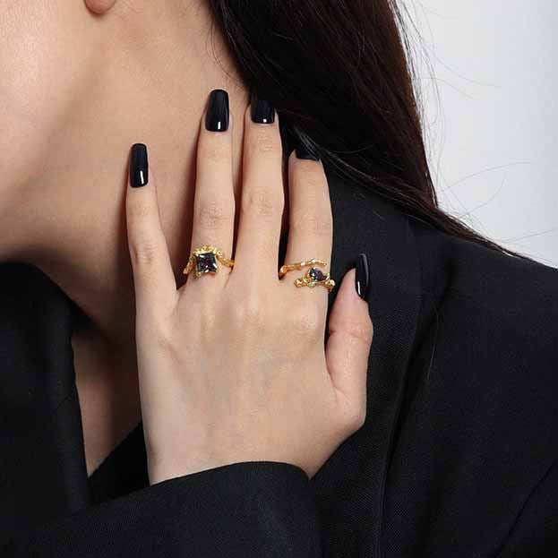 Unique Black Waterdrop CZ Irregular 925 Sterling Silver Adjustable Ring - SterlingSilberSchmuck