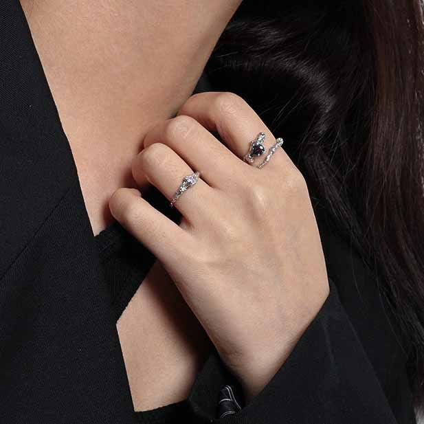 Unique Black Waterdrop CZ Irregular 925 Sterling Silver Adjustable Ring - SterlingSilberSchmuck