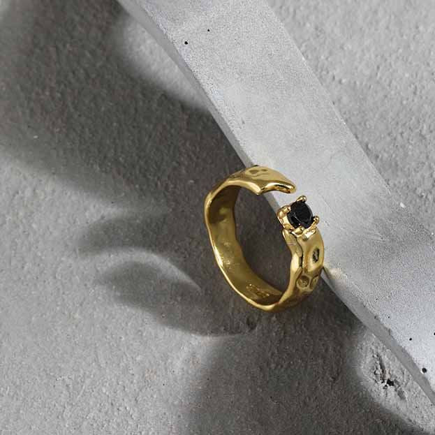 Schwarzer CZ Ring unregelmäßig 925 Sterling Silber verstellbar