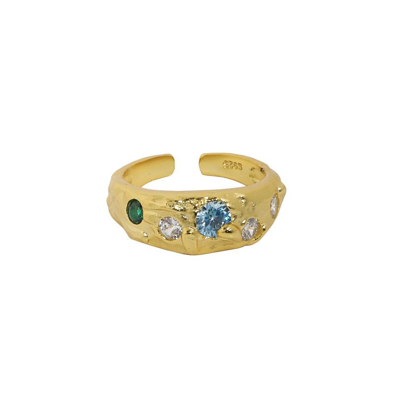 Colorful CZ Irregular Wide 925 Sterling Silver Adjustable Ring - SterlingSilberSchmuck
