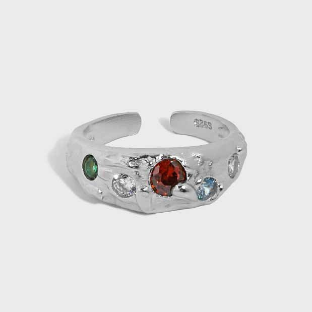 Colorful CZ Irregular Wide 925 Sterling Silver Adjustable Ring - SterlingSilberSchmuck