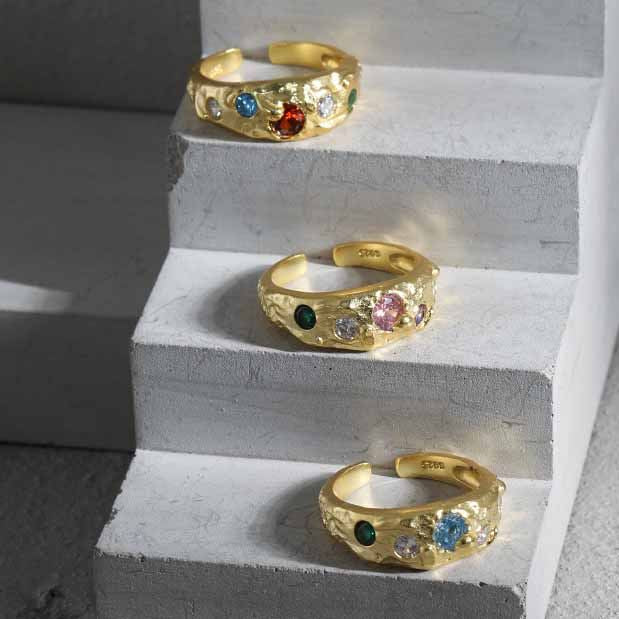 Colorful CZ Irregular Wide 925 Sterling Silver Adjustable Ring - SterlingSilberSchmuck