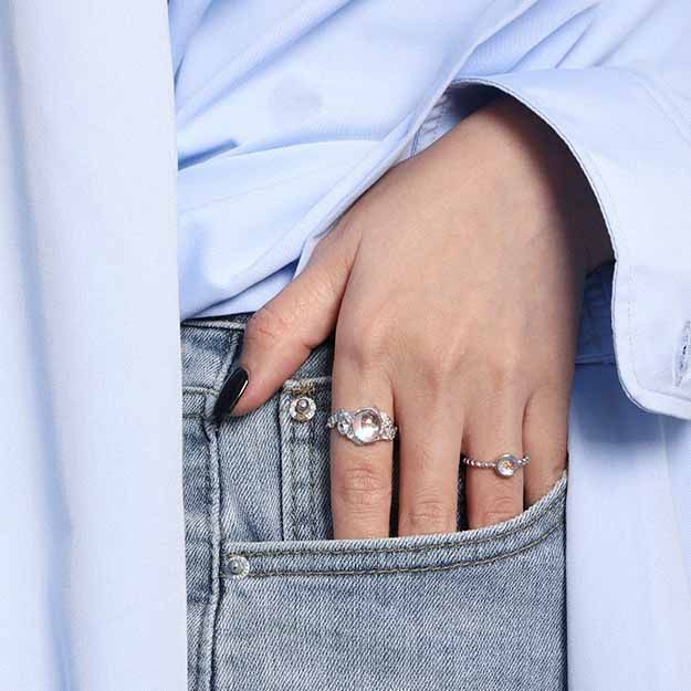 Mondstein Ring 925 Sterling Silber unregelmäßig verstellbar elegant
