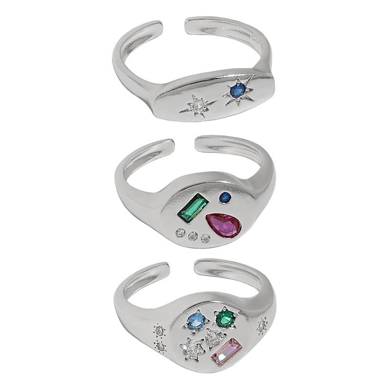 Colorful Geometry Star Oval CZ 925 Sterling Silver Adjustable Ring - SterlingSilberSchmuck