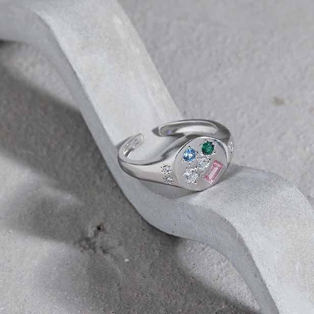 Colorful Geometry Star Oval CZ 925 Sterling Silver Adjustable Ring - SterlingSilberSchmuck