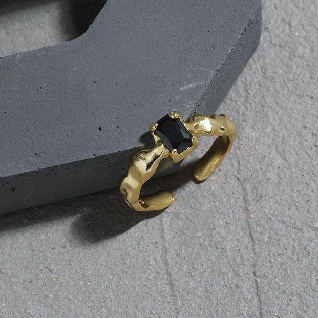 Fashion Irregular Black Geometry CZ 925 Sterling Silver Adjustable Ring - SterlingSilberSchmuck