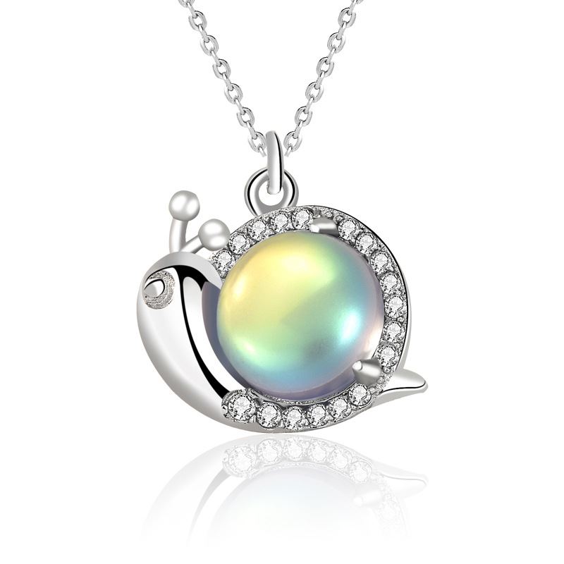 Cute Natural Moonstone Snail Animal CZ 925 Sterling Silver Necklace - SterlingSilberSchmuck