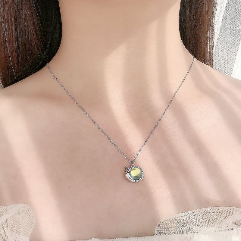 Cute Natural Moonstone Snail Animal CZ 925 Sterling Silver Necklace - SterlingSilberSchmuck