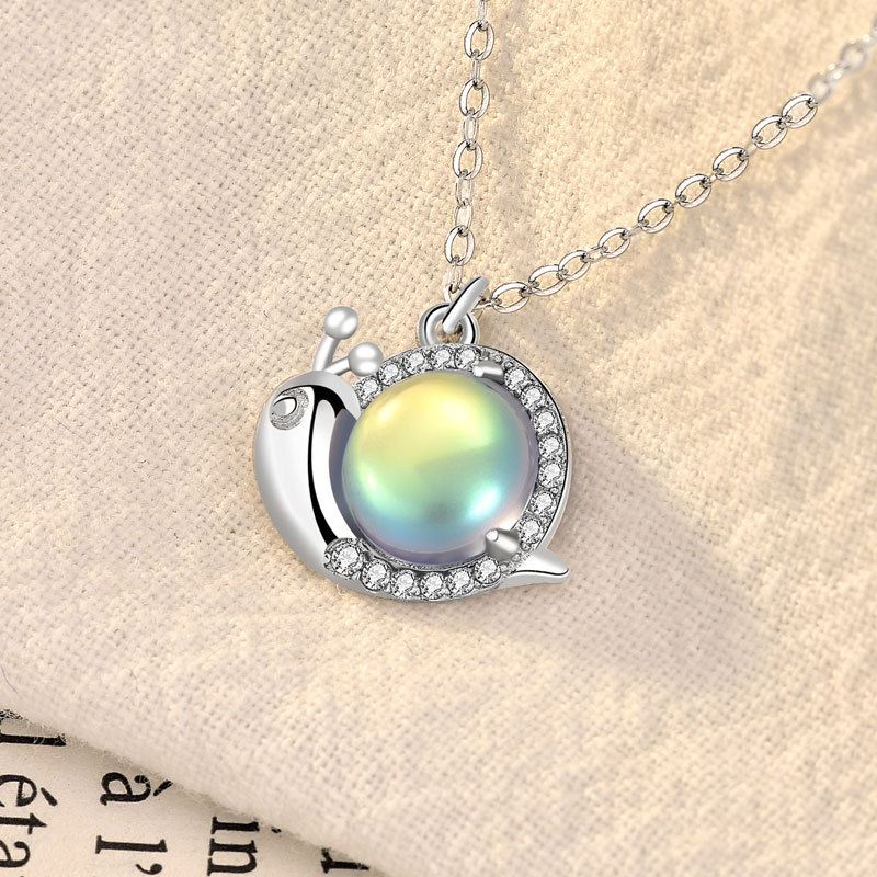 Cute Natural Moonstone Snail Animal CZ 925 Sterling Silver Necklace - SterlingSilberSchmuck
