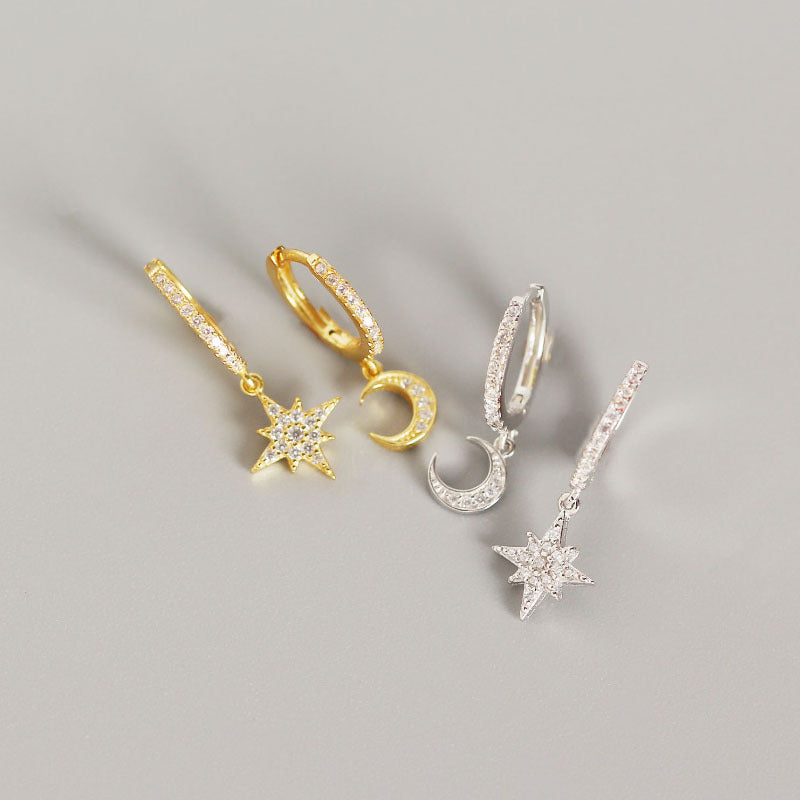 Asymmetrische CZ Stern Mond Hebelohrringe aus 925 Sterlingsilber - SterlingSilberSchmuck