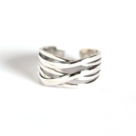 Vintage Lines Cross 925 Sterling Silver Wide Adjustable Ring - SterlingSilberSchmuck
