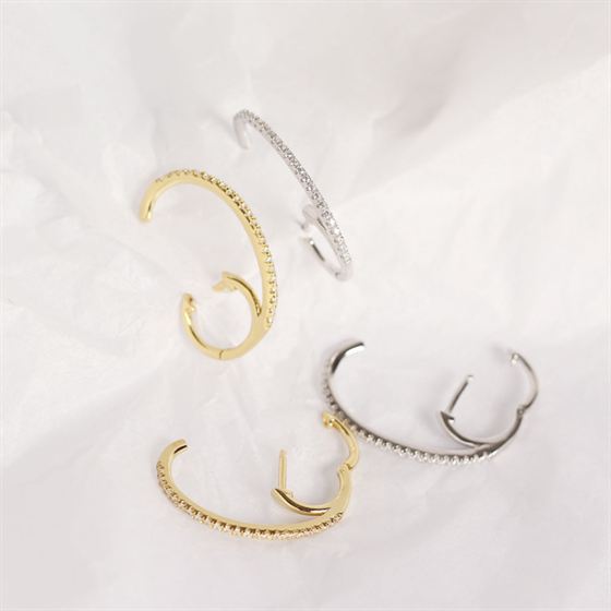 CZ C shape earrings with a helical back in 925 sterling silver, showcasing a sparkling elegant design by silverbene.