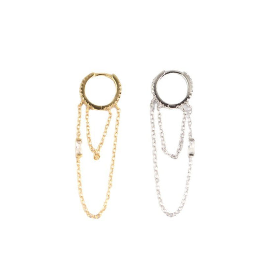 Silverbene doppelte Ketten-Ohrringe aus 925er Silber mit CZ-Anhängern und Quasten, kreisförmige Hänge, elegante Modeschmuck