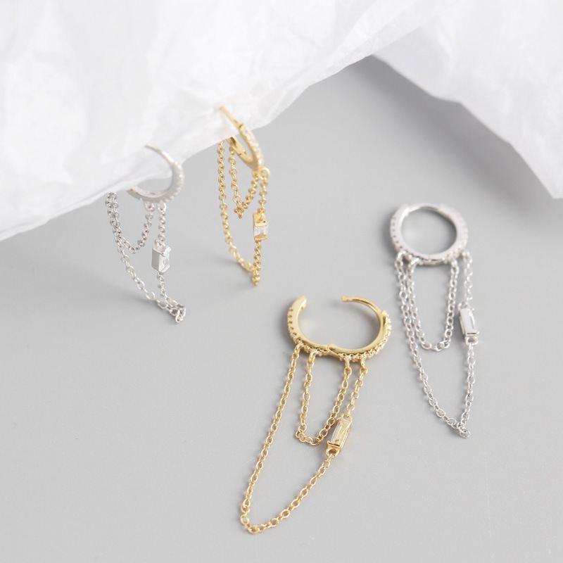 Silverbene doppelte Ketten-Ohrringe aus Sterlingsilber mit CZ-Anhängern und Quasten, elegante Modeschmuck-Ohrringe.