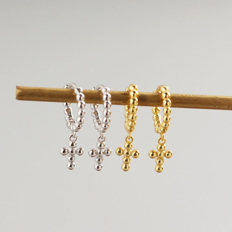 Holy Beads Cross 925 Sterling Silver Hoop Earrings - SterlingSilberSchmuck