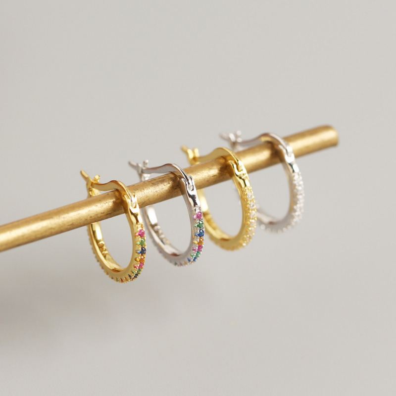 Colorful CZ Round Circle 925 Sterling Silver Hoop Earrings - SterlingSilberSchmuck