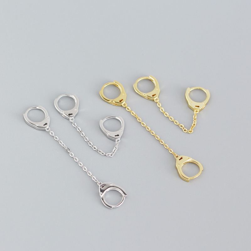 Double piercing chain hoop earrings in 925 sterling silver by silverbene, showcasing a sleek and modern design.