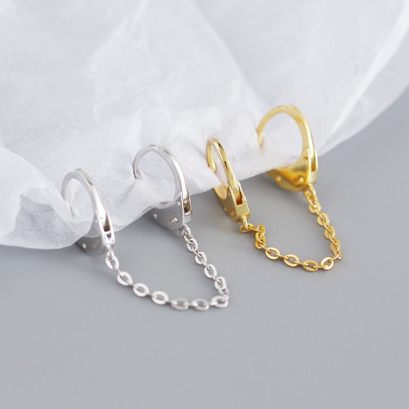 Double piercing chain hoop earrings in 925 sterling silver by silverbene, showcasing a sleek and stylish design.
