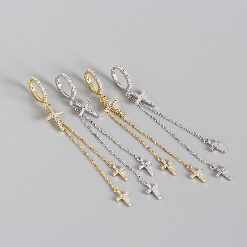 Elegante silverbene Kreuz-Perlen-CZ-Hoop-Ohrringe aus 925er Sterlingsilber mit Quasten, Schmuck für Damen