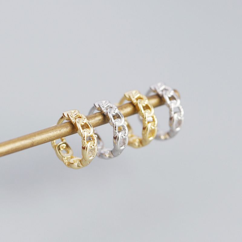 Simple Hollow Chain 925 Sterling Silver Huggie Hoop Earrings - SterlingSilberSchmuck