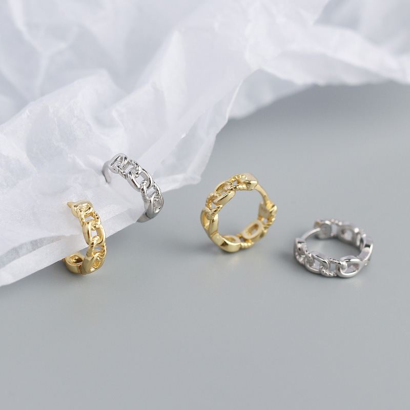 Simple Hollow Chain 925 Sterling Silver Huggie Hoop Earrings - SterlingSilberSchmuck