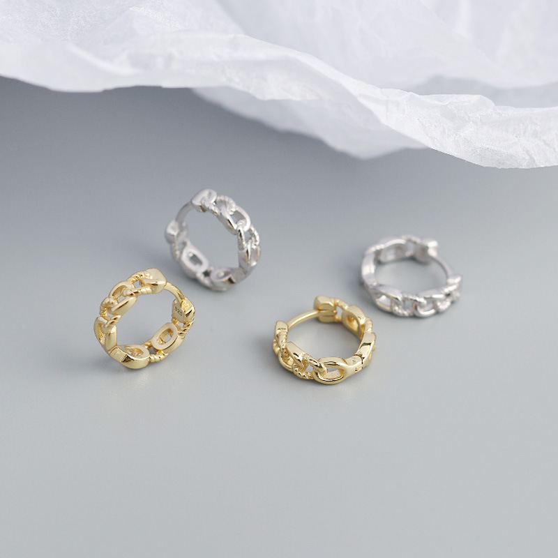 Simple Hollow Chain 925 Sterling Silver Huggie Hoop Earrings - SterlingSilberSchmuck
