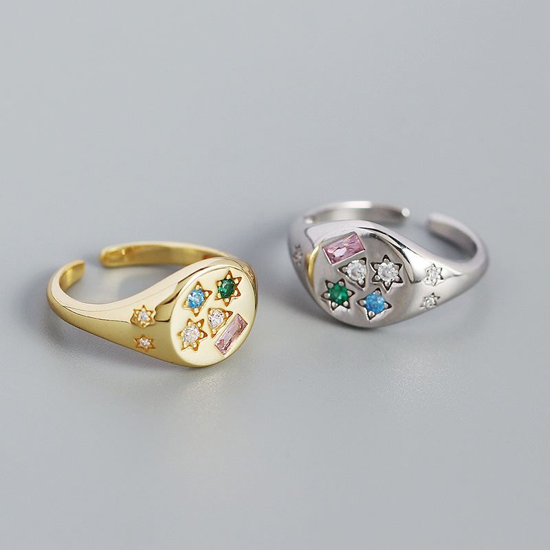 Bunter geometrischer CZ-Sternen-Ring aus 925er Sterlingsilber, verstellbar, von silverbene, detailreiche Design, eleganter Schmuck