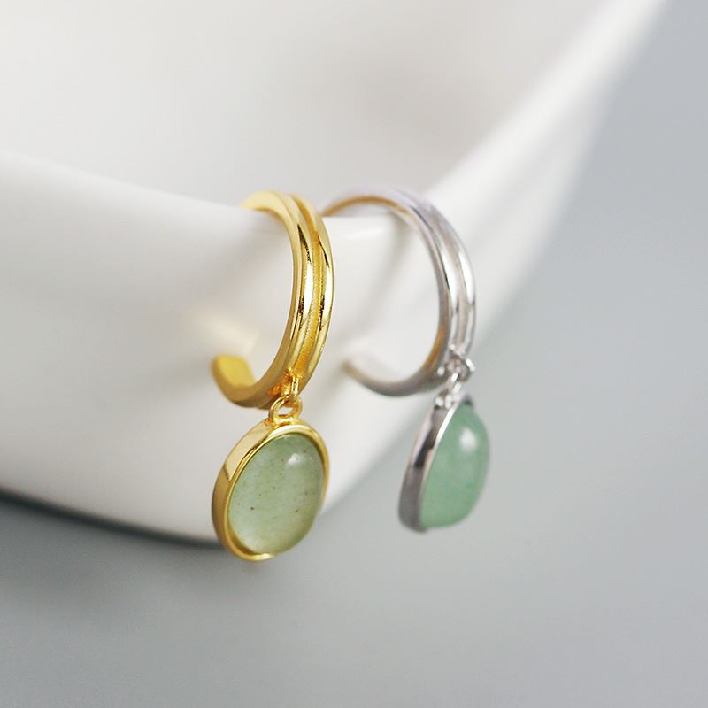 Einfache ovale Aventurin Ohrringe aus 925er Sterling Silber von Silverbene, natürliche grüne Stein-Design