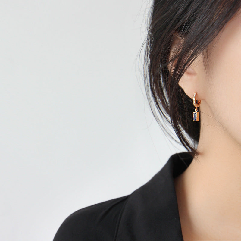 Geometry Blue CZ Rectangle 925 Silver Dangling Earrings (Single Piece) - SterlingSilberSchmuck