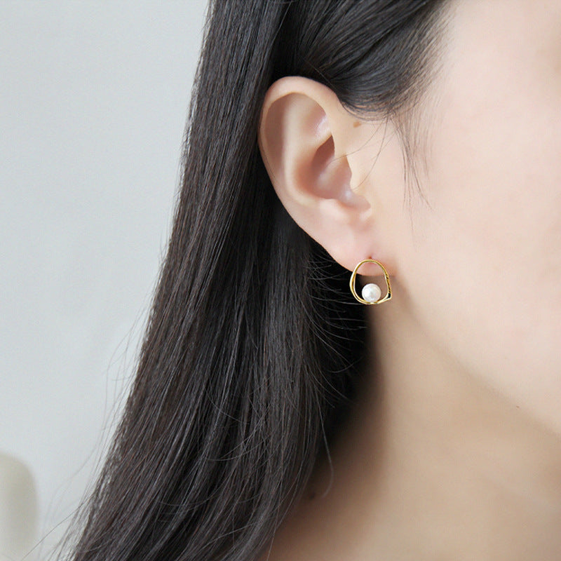 Geometric Round Shell Pearl 925 Sterling Silver Studs Earrings - SterlingSilberSchmuck