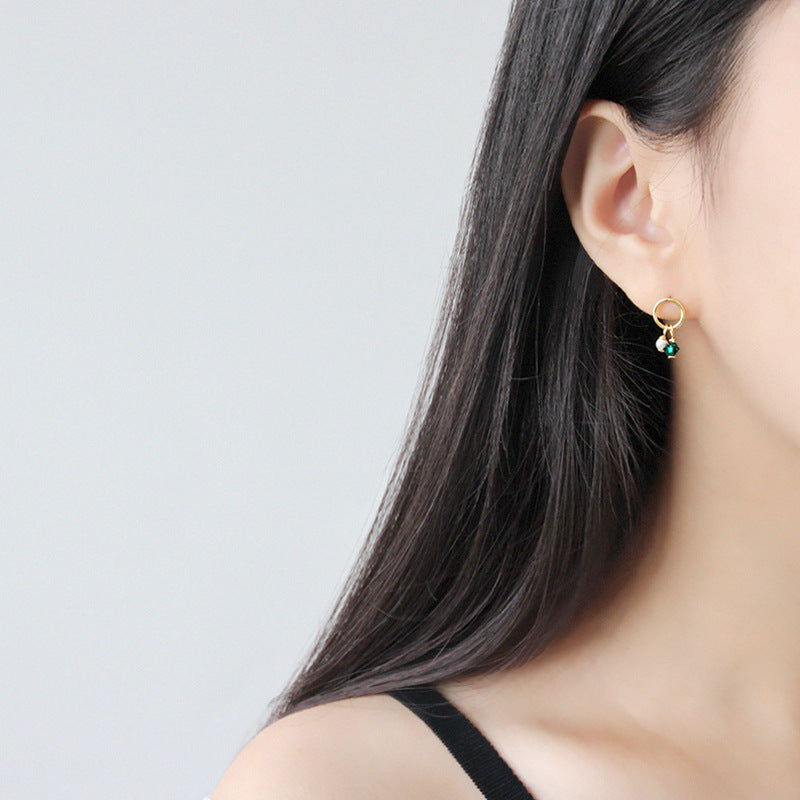 Asymmetry Shell Pearls Green CZ 925 Sterling Silver Stud Earrings - SterlingSilberSchmuck