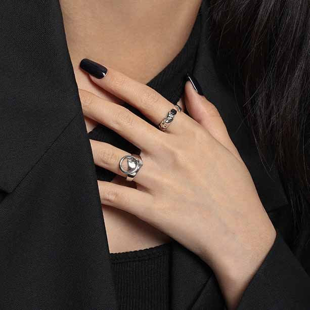 Schwarzer CZ Ring 925 Sterling Silber unregelmäßig verstellbar