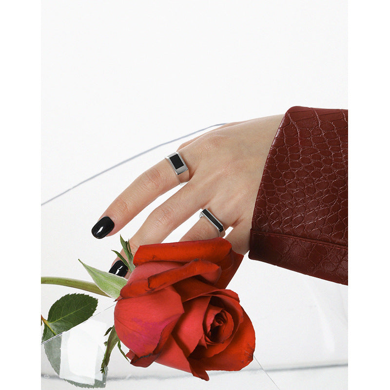 Schwarzer Rechteck Ring aus 925 Sterlingsilber – Verstellbar Modern - SterlingSilberSchmuck