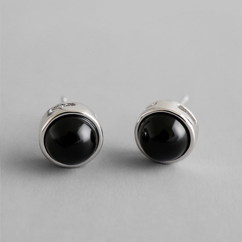 Simple Round Natural Agate 925 Sterling Silver Stud Earrings - SterlingSilberSchmuck