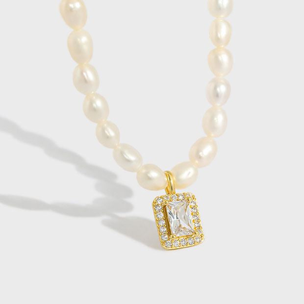 Elegant Natural Pearl Rectangle CZ 925 Sterling Silver Necklace - SterlingSilberSchmuck