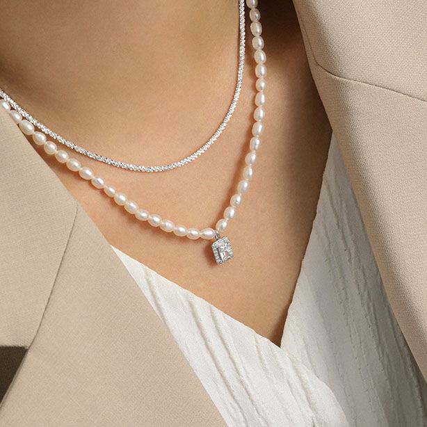 Elegant Natural Pearl Rectangle CZ 925 Sterling Silver Necklace - SterlingSilberSchmuck