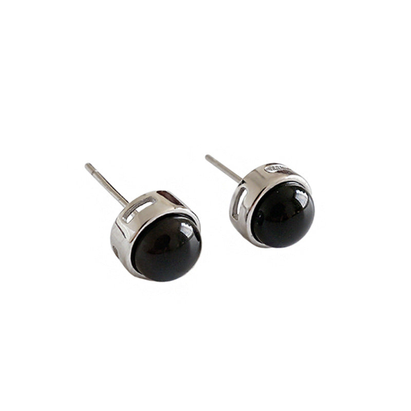 Simple Round Natural Agate 925 Sterling Silver Stud Earrings - SterlingSilberSchmuck