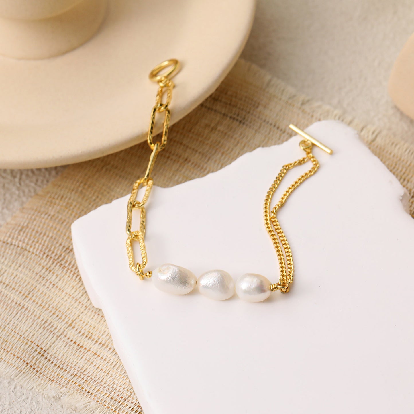 Asymmetry Hollow Chain Baroque Natural Pearl 925 Sterling Silver Bracelet - SterlingSilberSchmuck