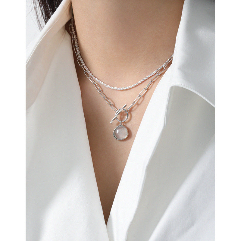 Graduation Round Natural Crystal OT Hollow Chain 925 Sterling Silver Necklace - SterlingSilberSchmuck