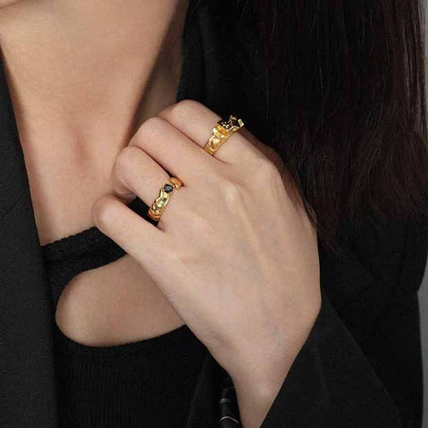 Schwarzer CZ Ring 925 Sterling Silber unregelmäßig verstellbar