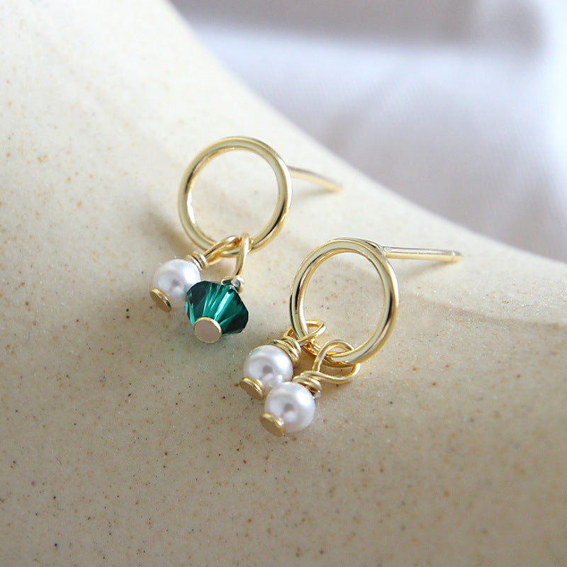 Asymmetry Shell Pearls Green CZ 925 Sterling Silver Stud Earrings - SterlingSilberSchmuck