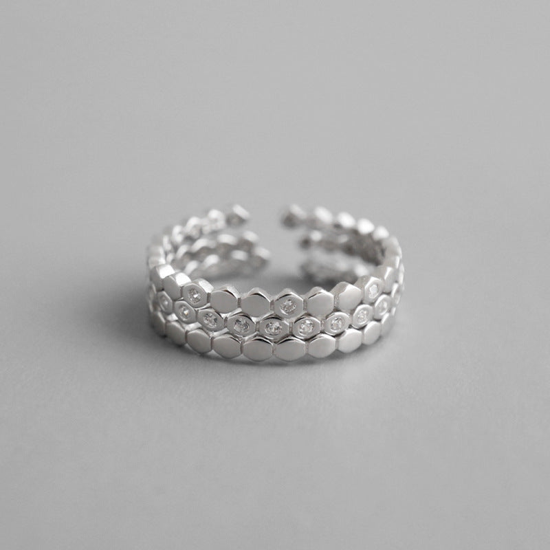 Fashion Three CZ Hive 925 Sterling Silver Adjustable Stacker Ring - SterlingSilberSchmuck