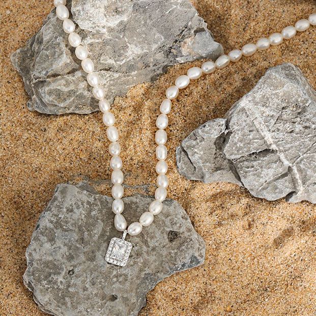 Elegant Natural Pearl Rectangle CZ 925 Sterling Silver Necklace - SterlingSilberSchmuck