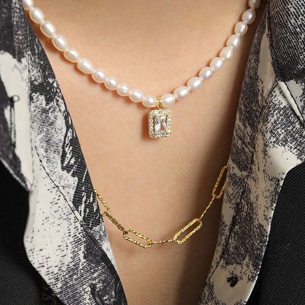 Elegant Natural Pearl Rectangle CZ 925 Sterling Silver Necklace - SterlingSilberSchmuck