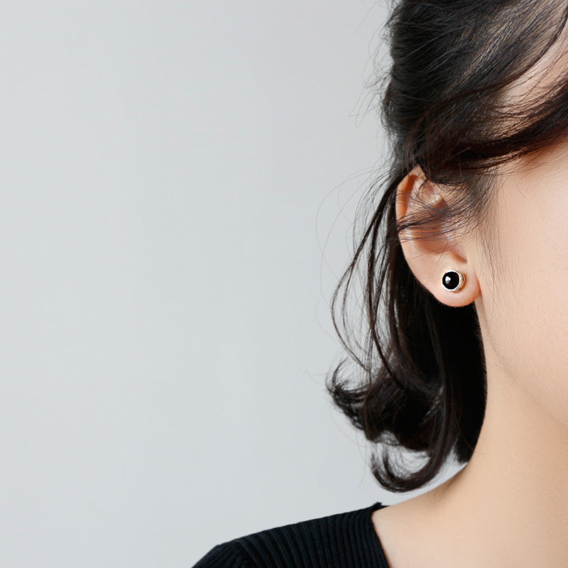 Simple Round Natural Agate 925 Sterling Silver Stud Earrings - SterlingSilberSchmuck