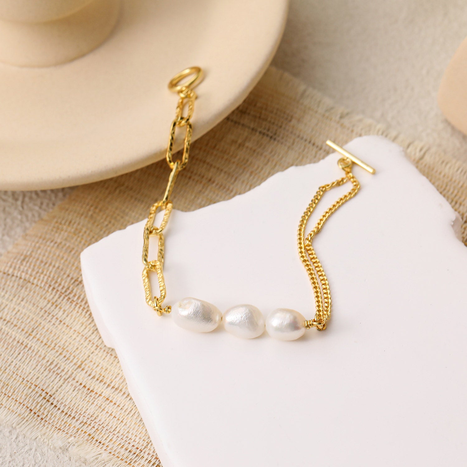 Asymmetry Hollow Chain Baroque Natural Pearl 925 Sterling Silver Bracelet - SterlingSilberSchmuck