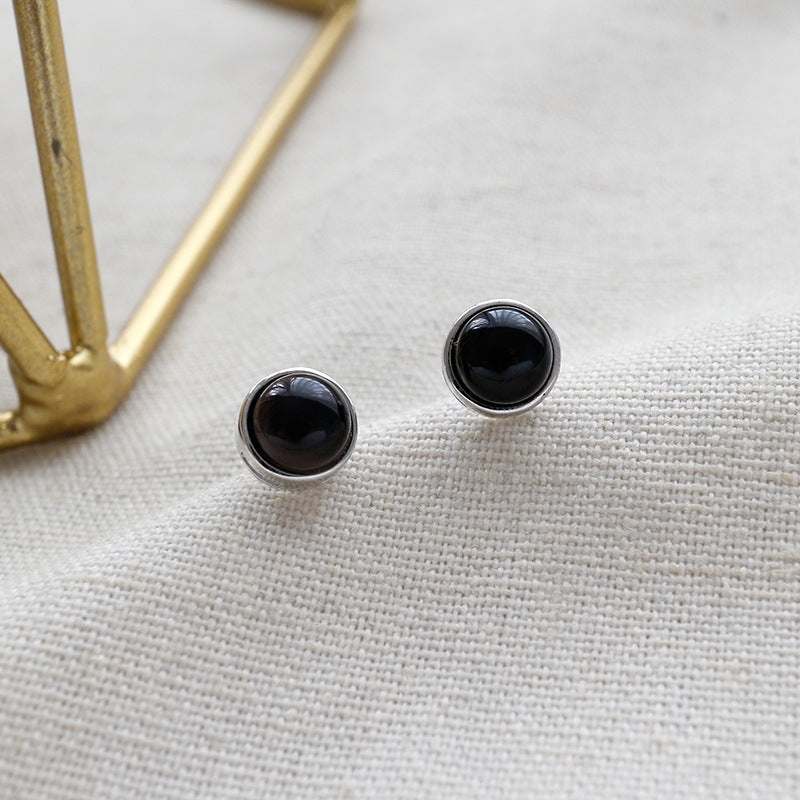 Simple Round Natural Agate 925 Sterling Silver Stud Earrings - SterlingSilberSchmuck