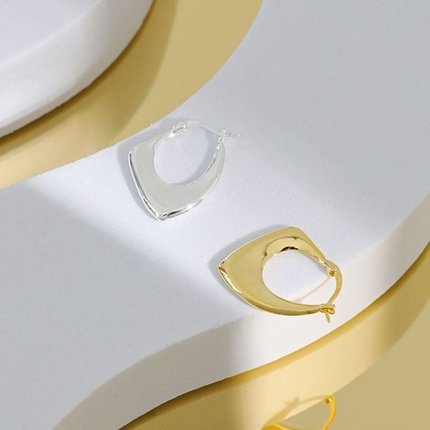 Geometry Irregular Hollow Rhombus 925 Sterling Silver Hoop Earring (Single) - SterlingSilberSchmuck