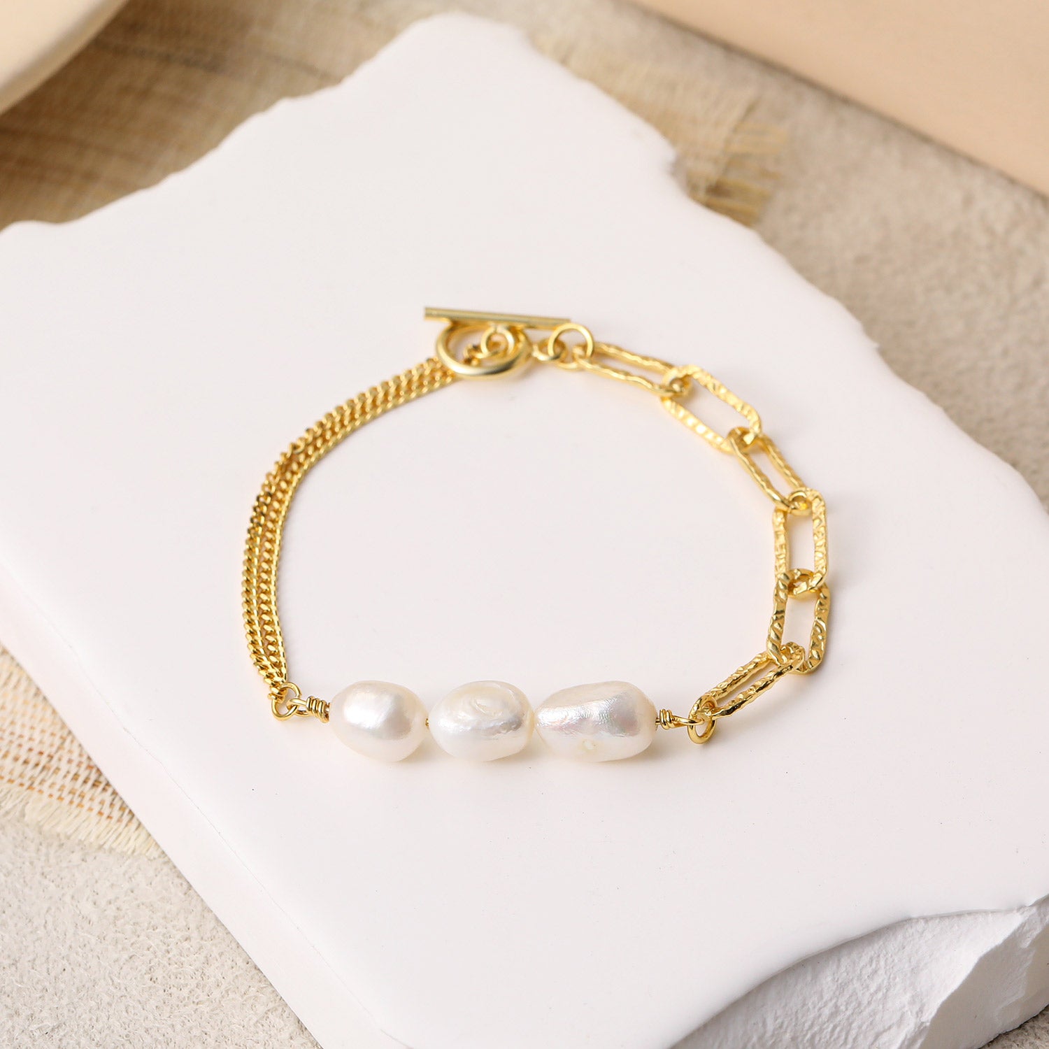 Asymmetry Hollow Chain Baroque Natural Pearl 925 Sterling Silver Bracelet - SterlingSilberSchmuck