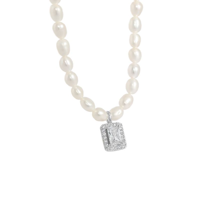 Elegant Natural Pearl Rectangle CZ 925 Sterling Silver Necklace - SterlingSilberSchmuck